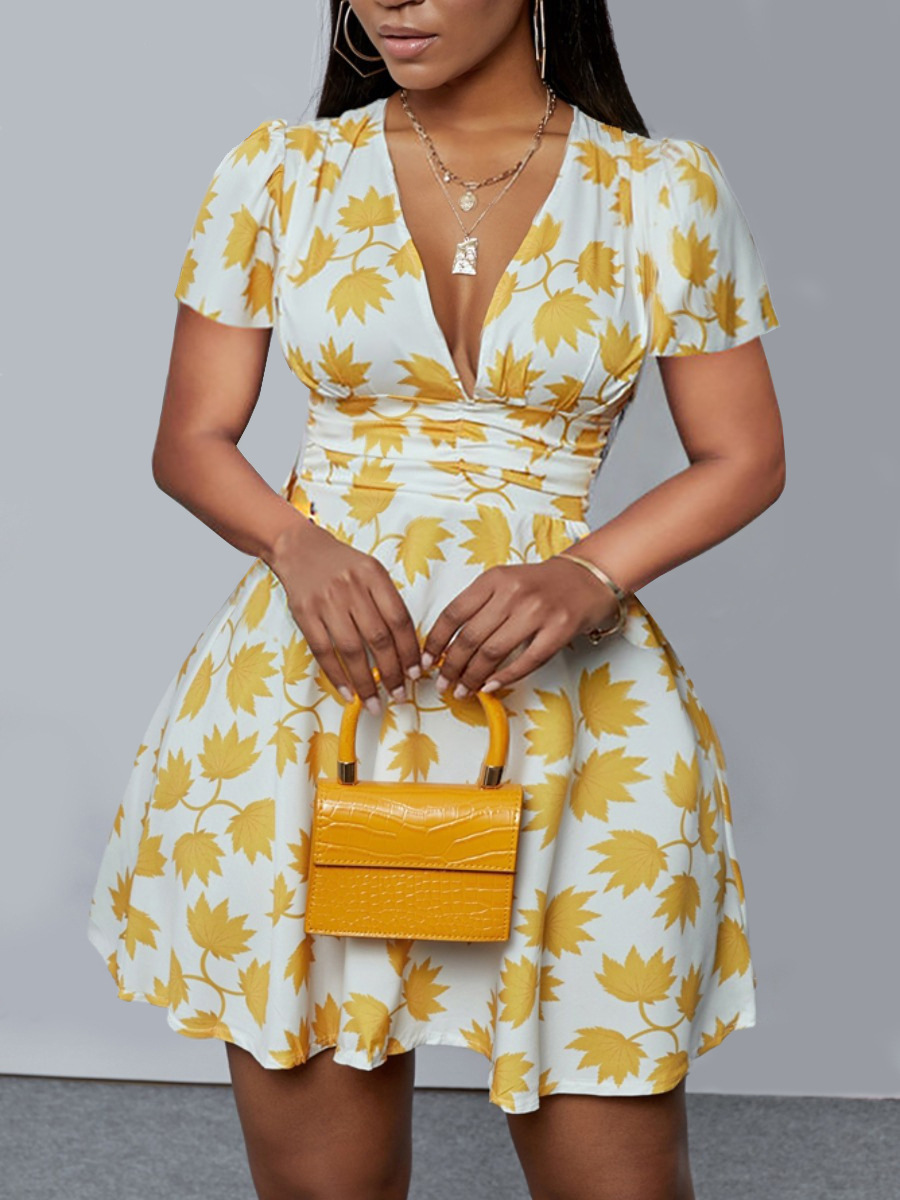 

LW V Neck Floral Print A Line Dress, Yellow