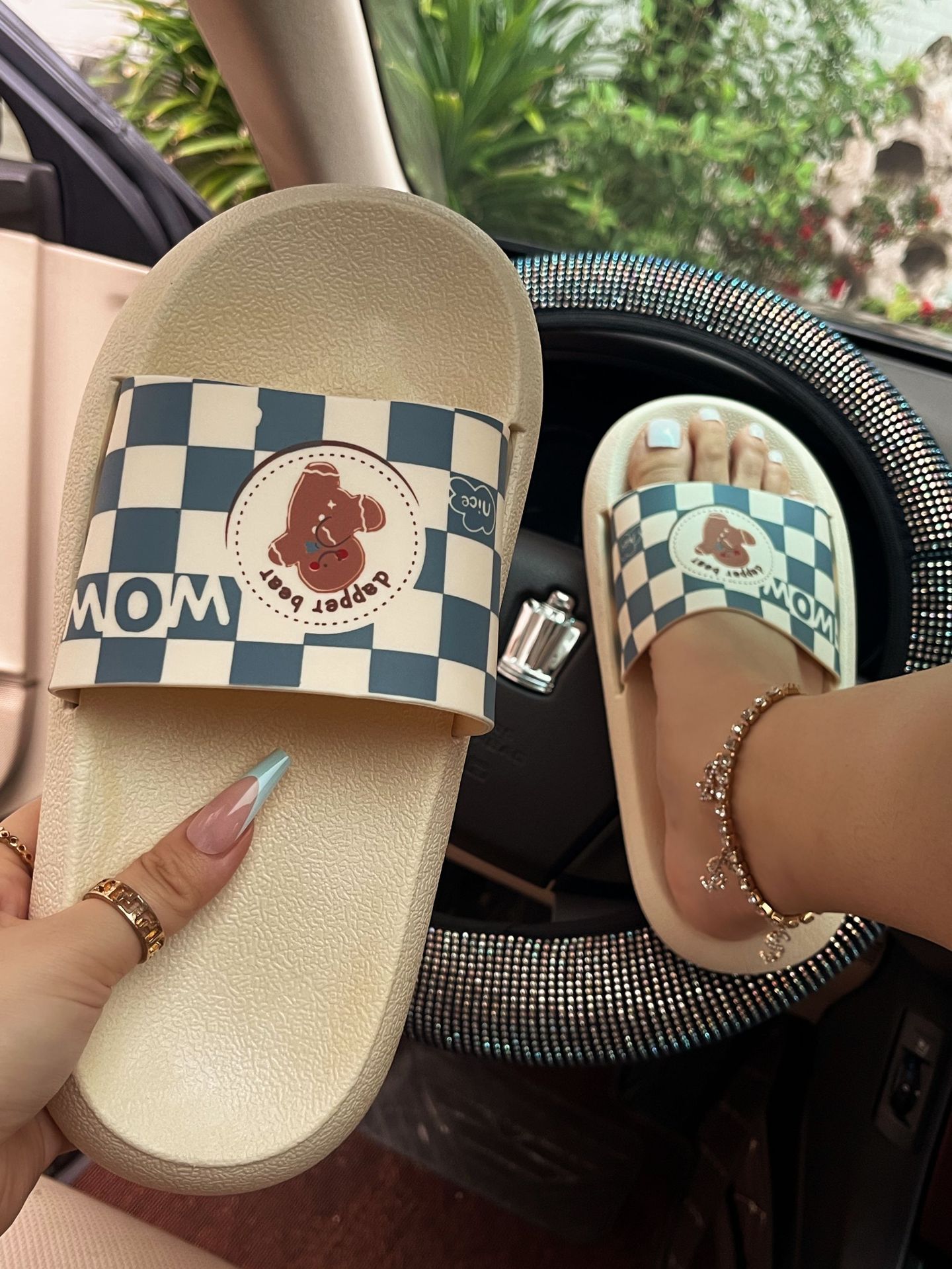 

LW Plaid Letter Print Slides, Blue