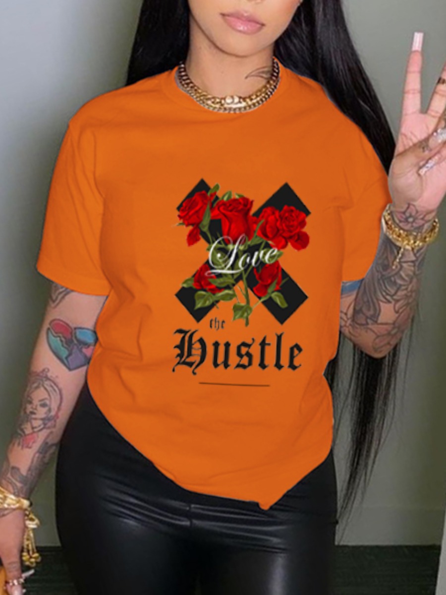 LW Rose Flower Letter Print T-shirt, Jacinth