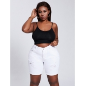LW Plus Size High Stretchy Broken Holes White Shor