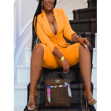 

LW Plus Size Turndown Collar See-through Shorts Set, Yellow