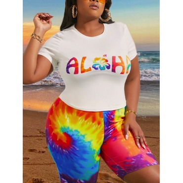 

LW Plus Size Letter Print Tie-dye Shorts Set, Multi