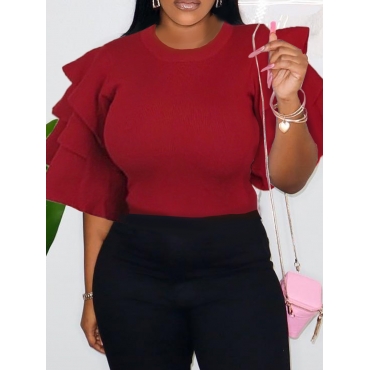 

LW Plus Size Layered Cascading Flounce Design Blouse, Wine red