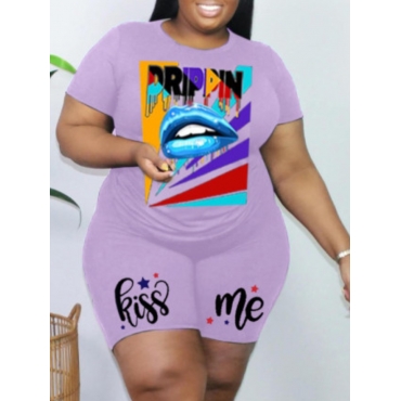 

LW Plus Size Lip Letter Star Print Shorts Set, Purple