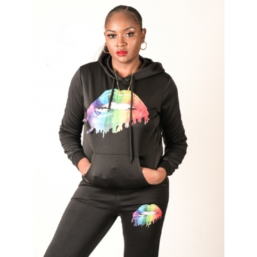 

LW Casual Hooded Collar Long Sleeve Lip Print Black Two Piece Pants Set