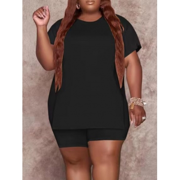 

LW Plus Size Round Neck Side Split Shorts Set, Black