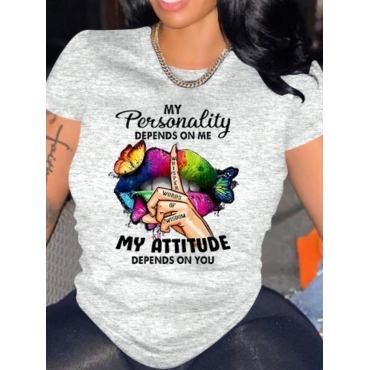 

LW COTTON Butterfly Letter Lip Print T-shirt, Light grey