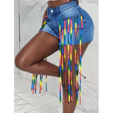 

LW Tassel Design High Stretchy Denim Shorts, Blue