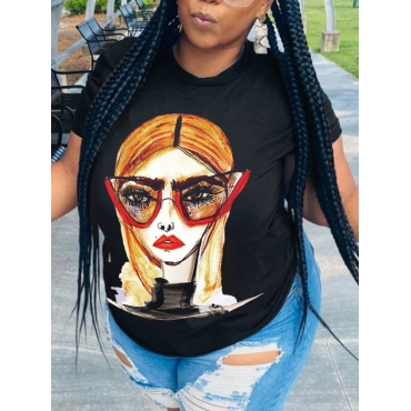 

LW COTTON Plus Size Graffiti Figure Print T-shirt, Black