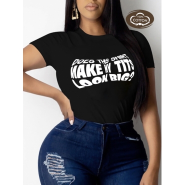 

LW COTTON Plus Size Round Neck Letter Print T-shirt, Black