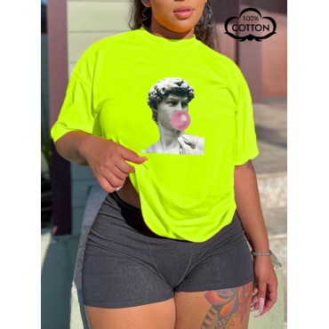

LW COTTON Plus Size Round Neck Figure Print T-shirt, Green