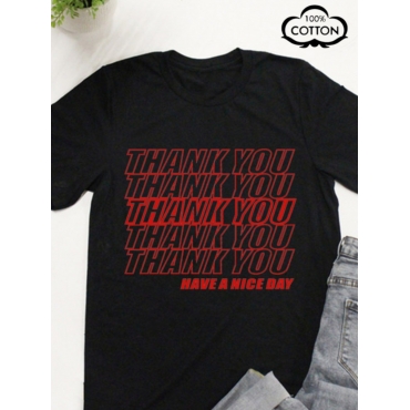 

LW COTTON Plus Size Thank You Letter Print T-shirt, Black