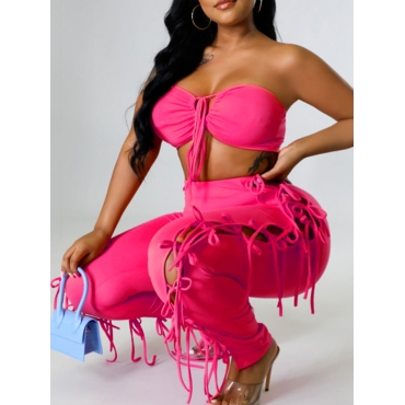 

LW Plus Size Bandage Hollow-out Design Pants Set, Rose red