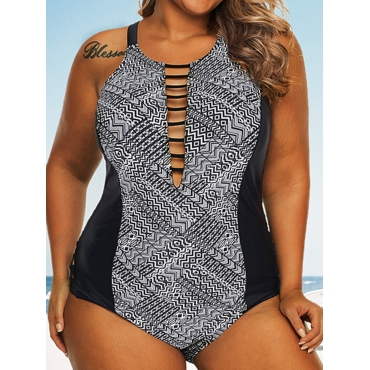 

LW Plus Size Mixed Print Criss Cross One-piece Swimsuit, Black