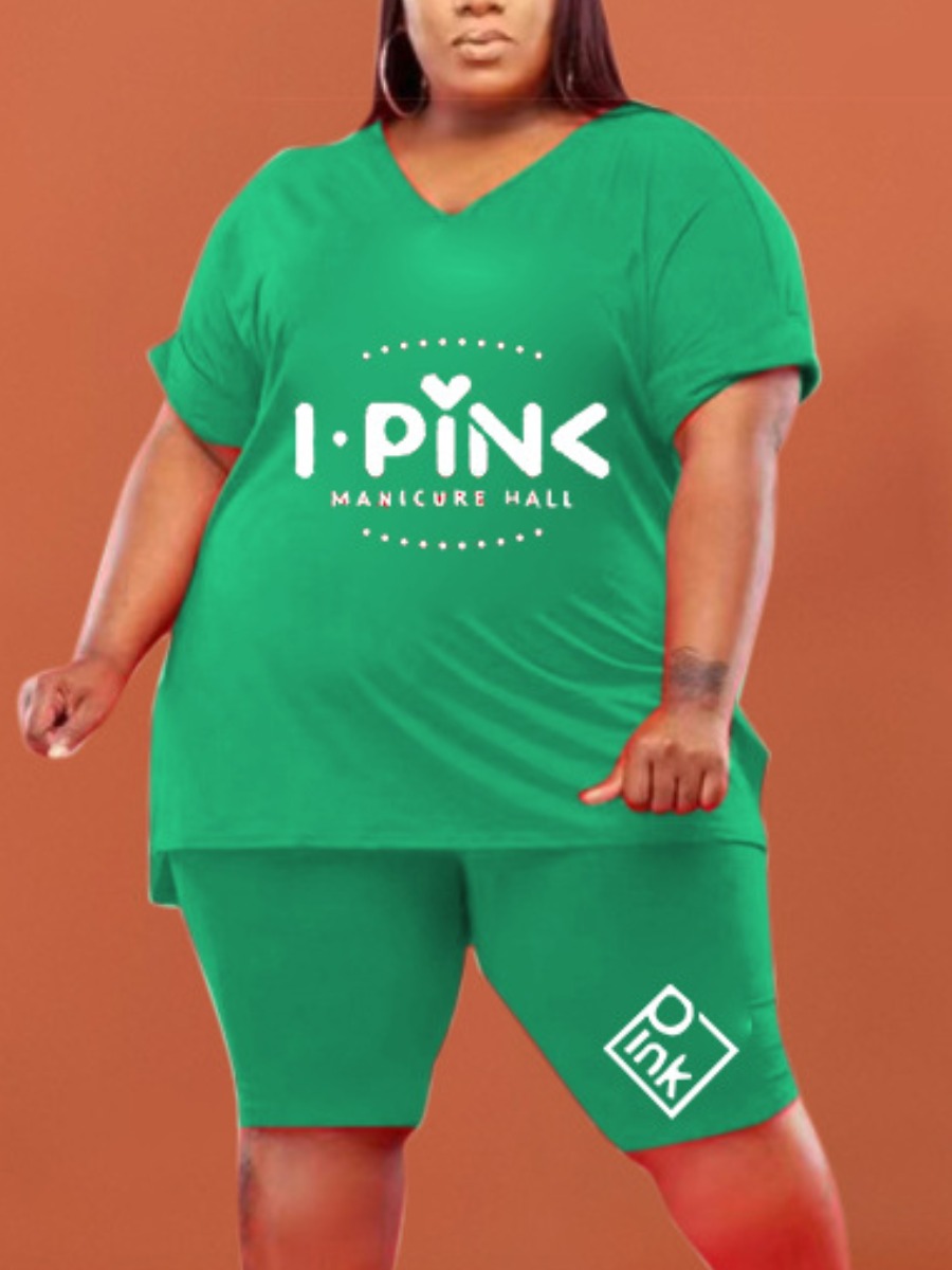 

LW Plus Size Pink Letter Heart Print Shorts Set, Green