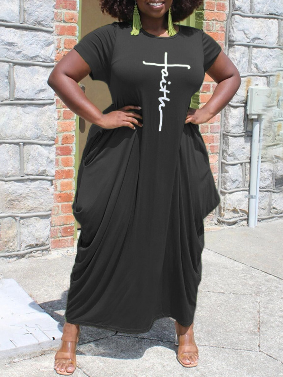 

LW BASICS Plus Size Faith Letter Print Fold Design Dress, Black