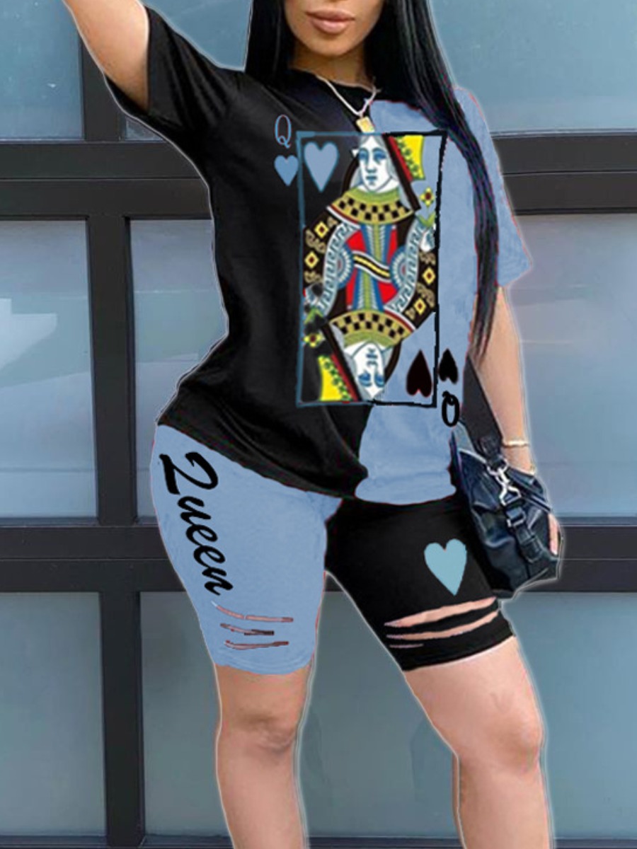

LW Plus Size Poker Letter Print Ripped Shorts Set, Baby blue