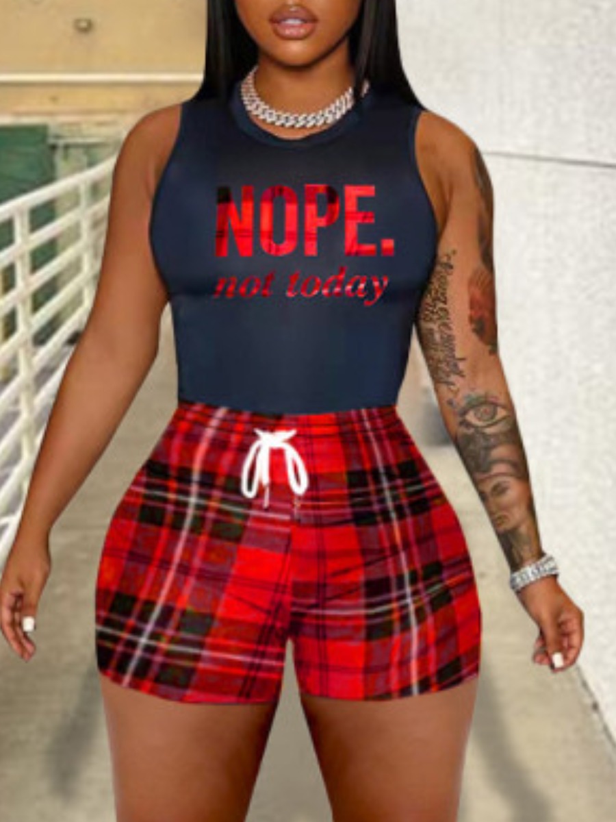 LW Plus Size Plaid Letter Print Drawstring Shorts Set