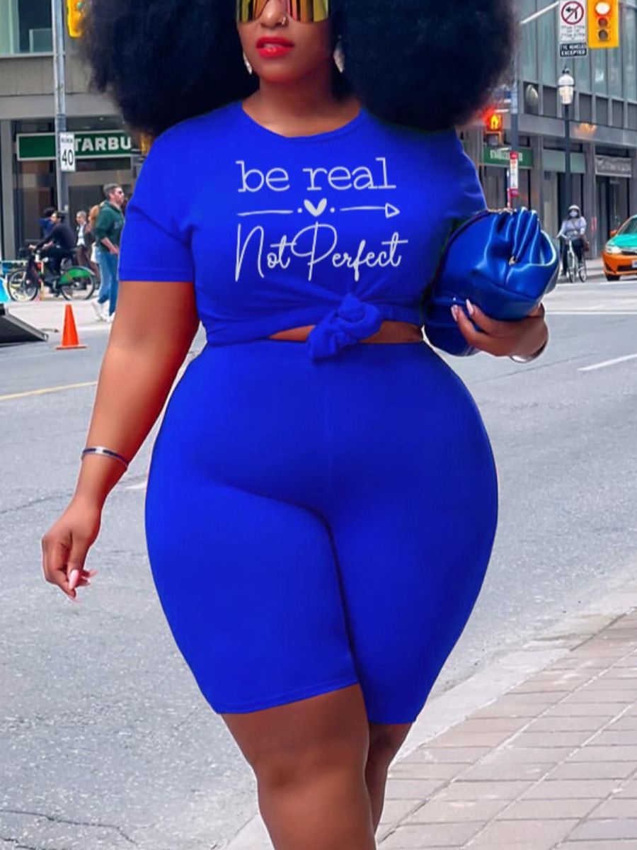 

LW Plus Size Be Real Letter Print Shorts Set, Blue