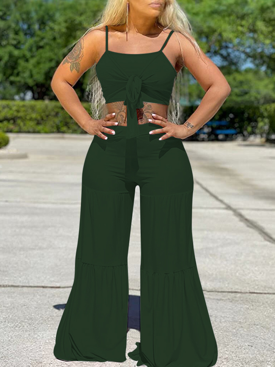 

LW Plus Size Bandage Ruffle Design Pants Set, Black green