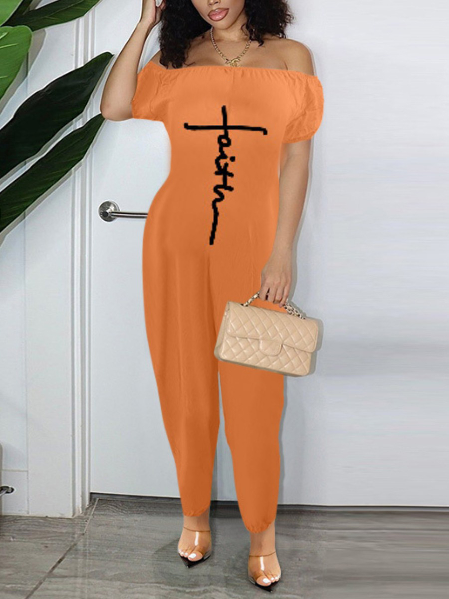 

LW Plus Size Off The Shoulder Faith Letter Print Jumpsuit, Orange