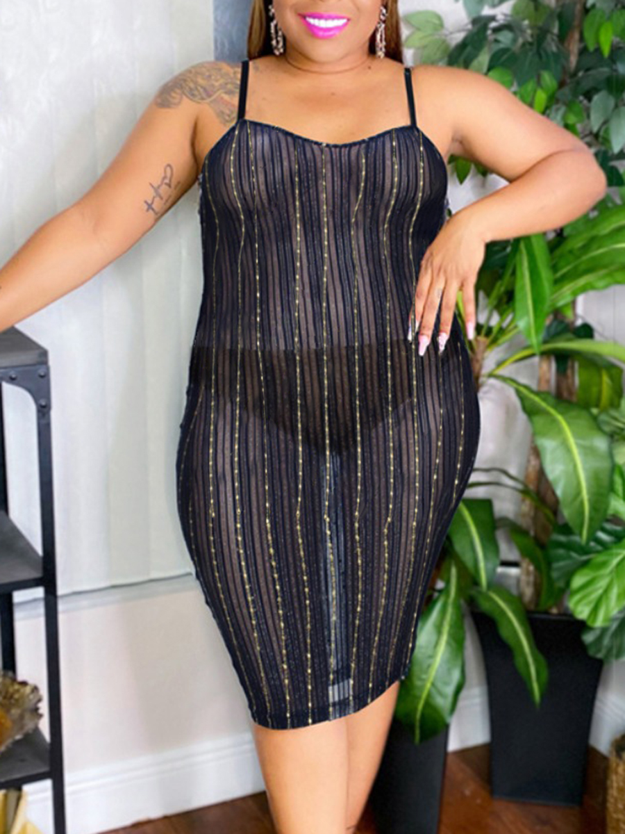 

LW SXY Plus Size Striped See-through Cami Dress, Dark blue
