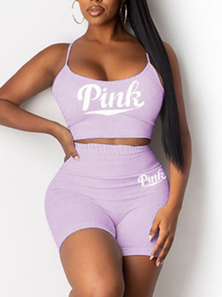 

LW Cami Pink Letter Print Shorts Set, Purple