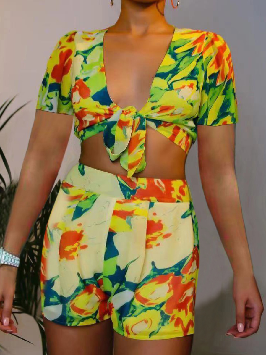 

LW Mixed Print Crop Top Shorts Set, Multi