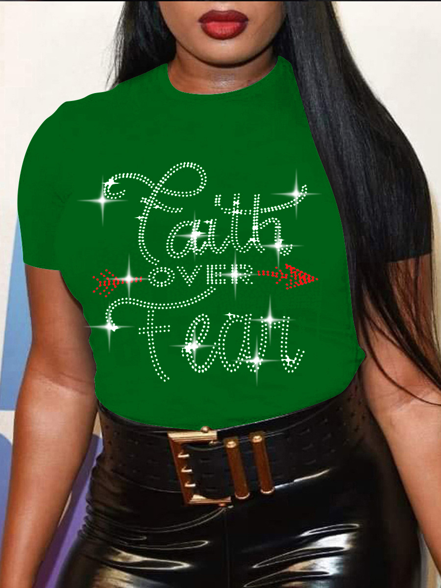 

LW BASICS Plus Size Rhinestone Faith Letter T-shirt, Green
