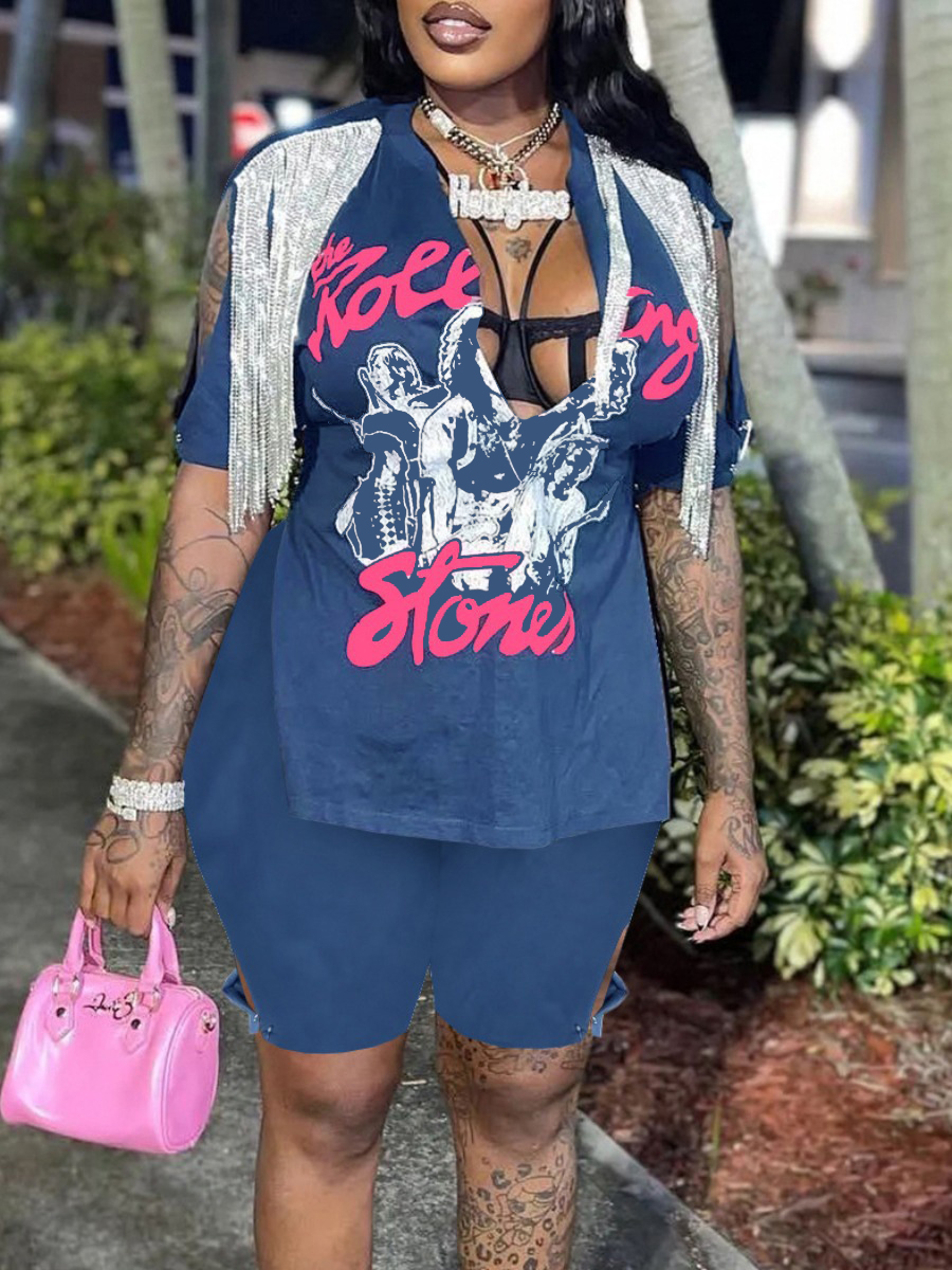 LovelyWholesale Plus Size Letter Print Tassel Design Split Shorts Set Summer Short Sleeve Street  5X Spring Summer 2024
