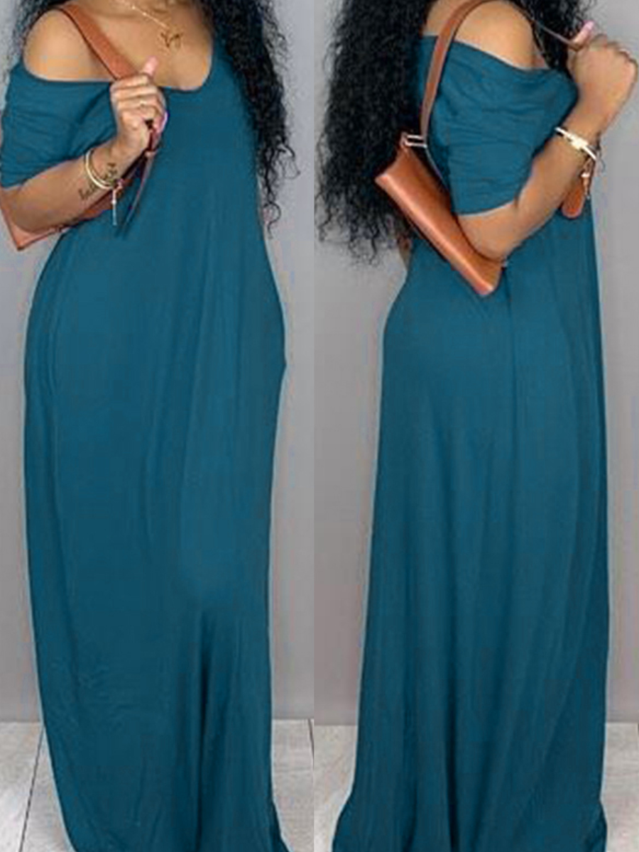 

LW V Neck Pocket Design Loose Dress, Blue