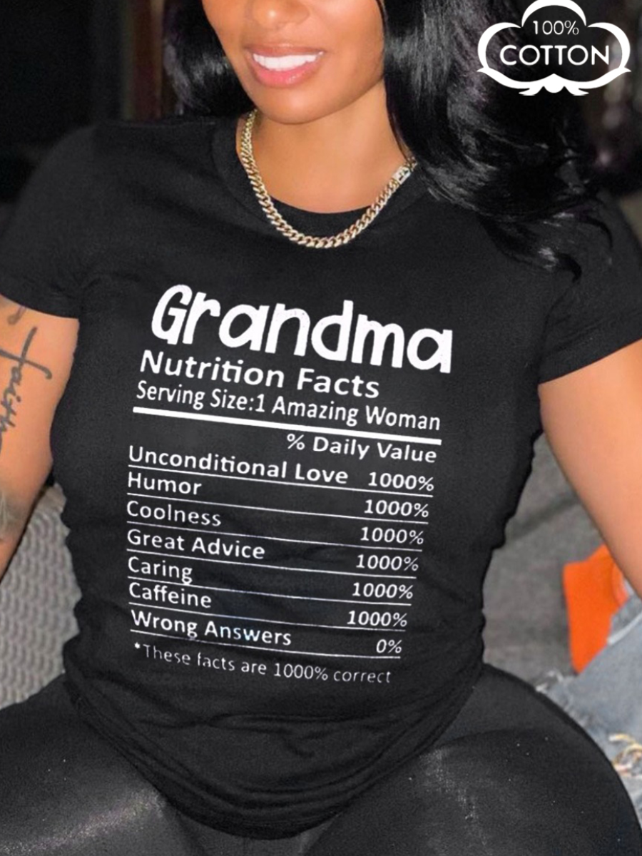 LW Plus Size Casual O Neck Letter Print Black T-shirt