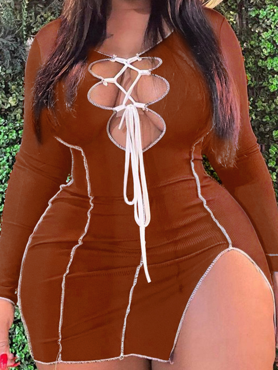 

LW SXY Plus Size Bandage Hollow-out Design Slit Bodycon Dress, Coffee
