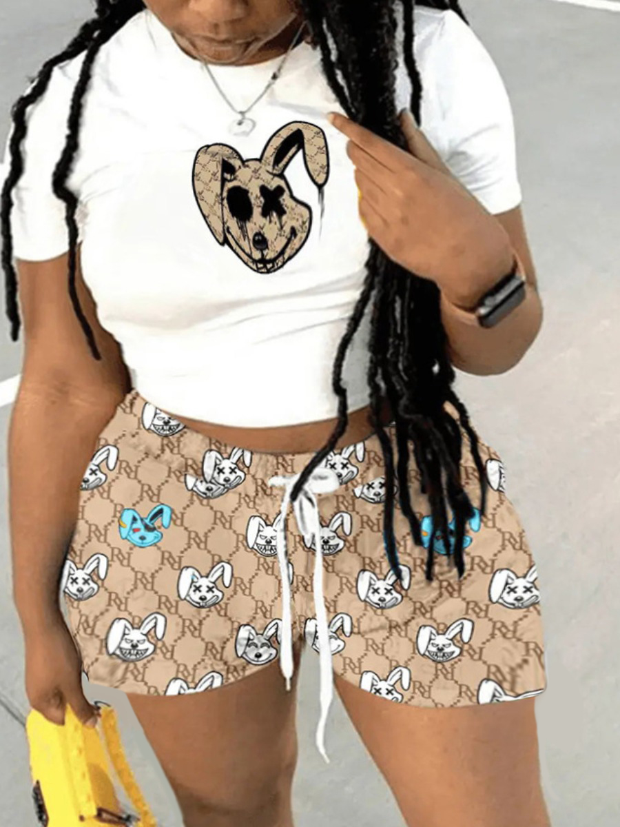 LW Plus Size Cartoon Print Drawstring Shorts Set