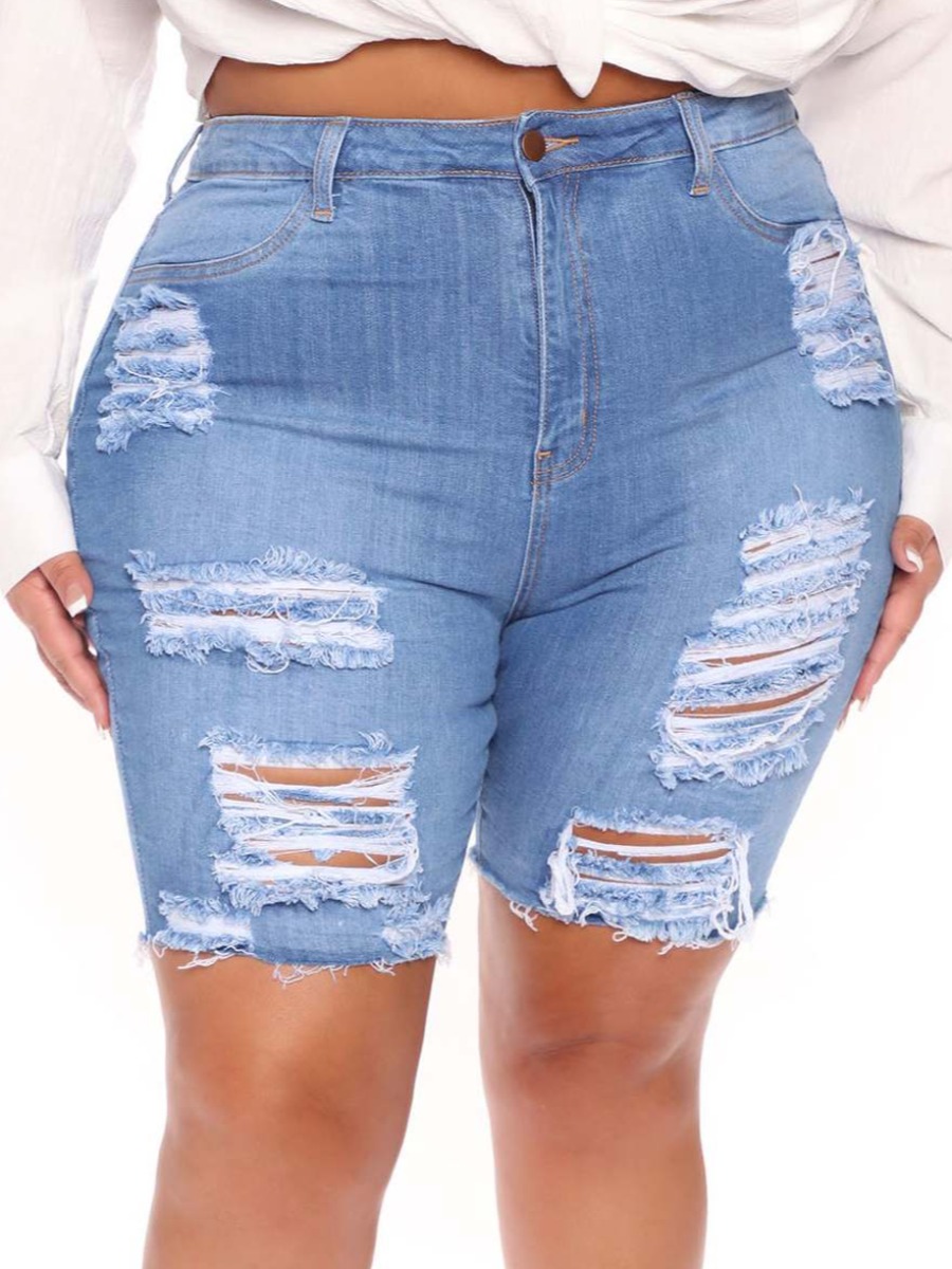 

LW Plus Size Ripped High Stretchy Denim Shorts, Baby blue