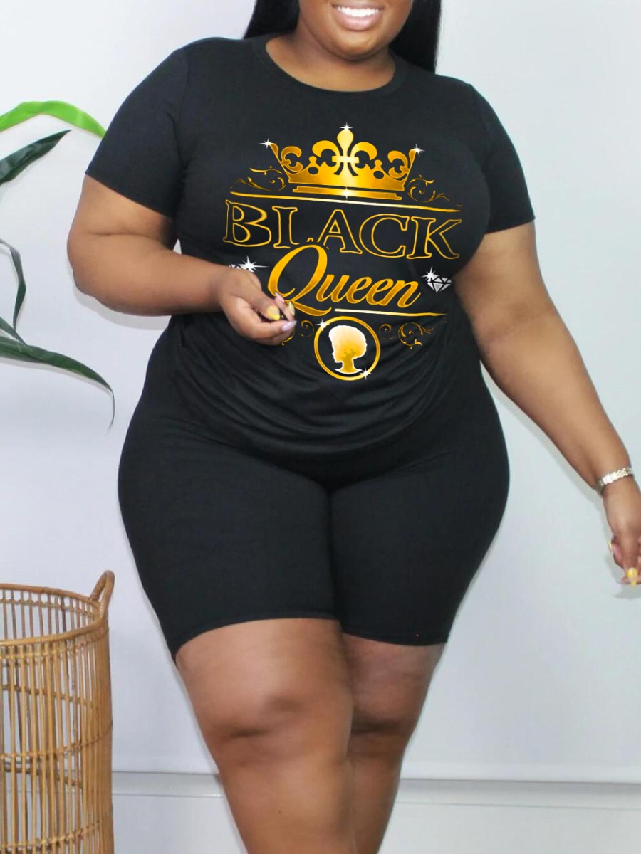 

LW Plus Size Queen Letter Print Shorts Set, Black