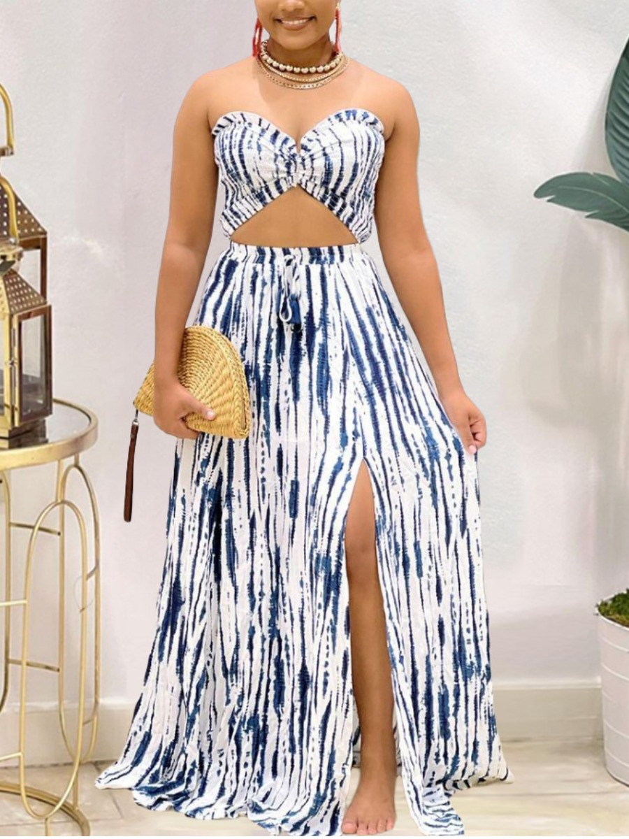 

LW Off The Shoulder Tie-dye Slit Skirt Set, Blue stripe