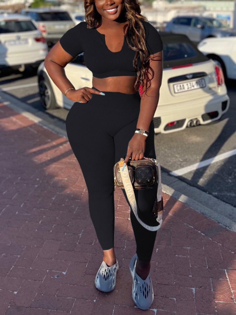 

LW SXY Crop Top Rib-Knit Pants Set, Black