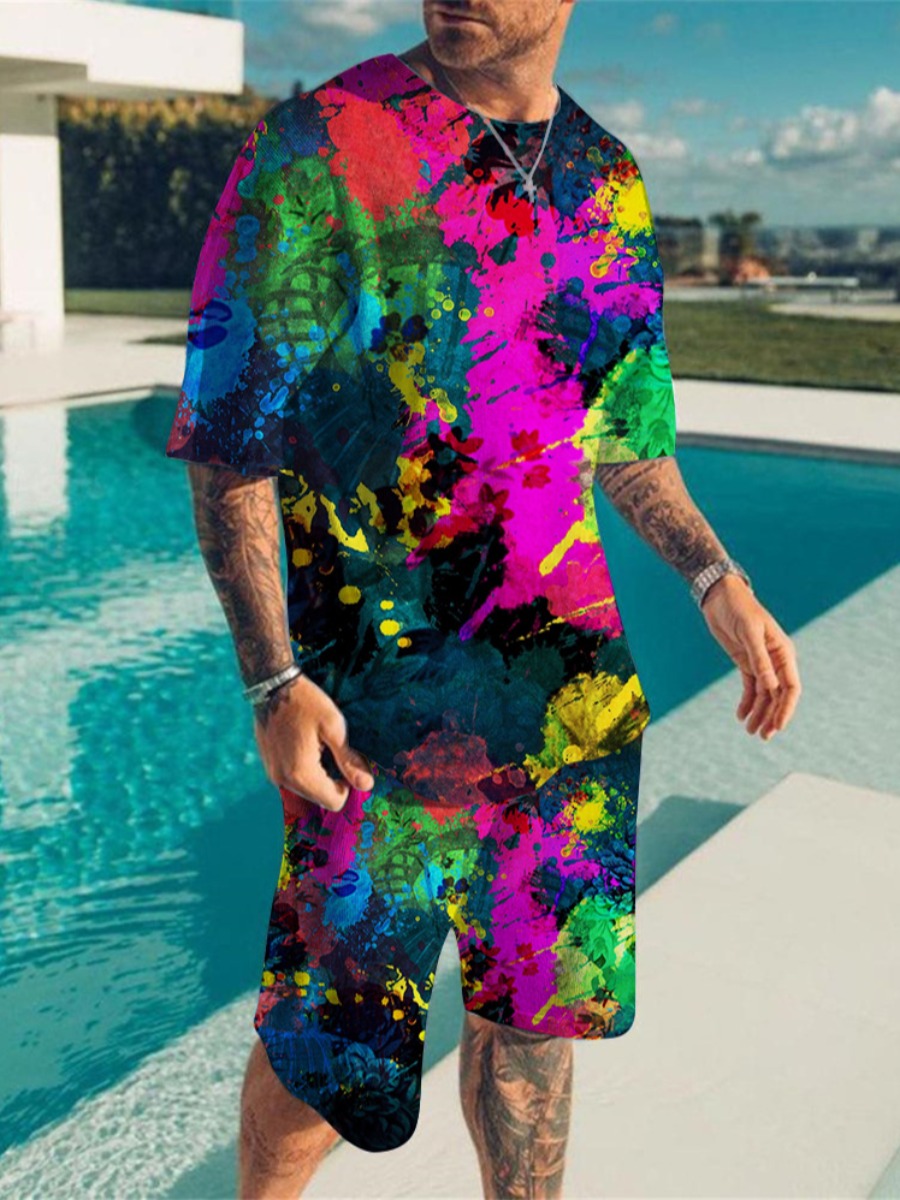 

LW Men Splash-ink Loose Shorts Set, Multi