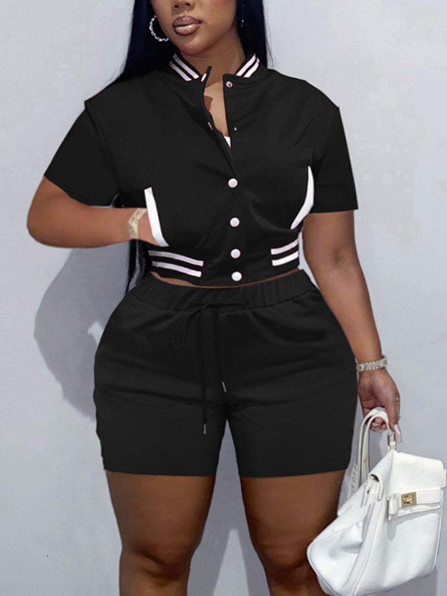 

LW Plus Size Striped Drawstring Shorts Set, Black