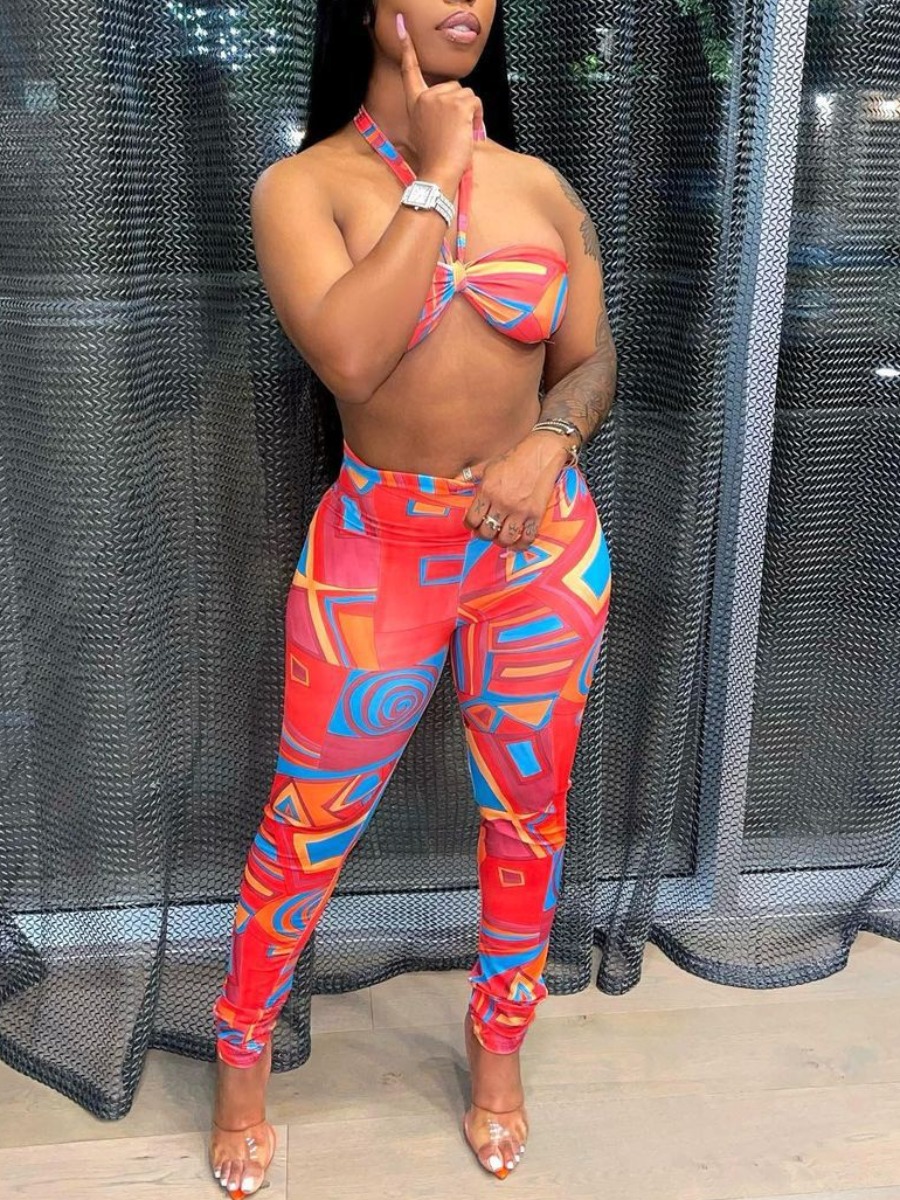 

LW BASICS Crop Top Mixed Print Pants Set, Red