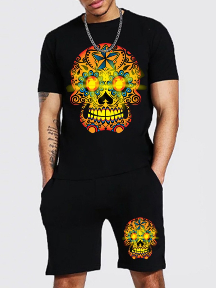 

LW Men Skull Head Mixed Print Shorts Set, Black