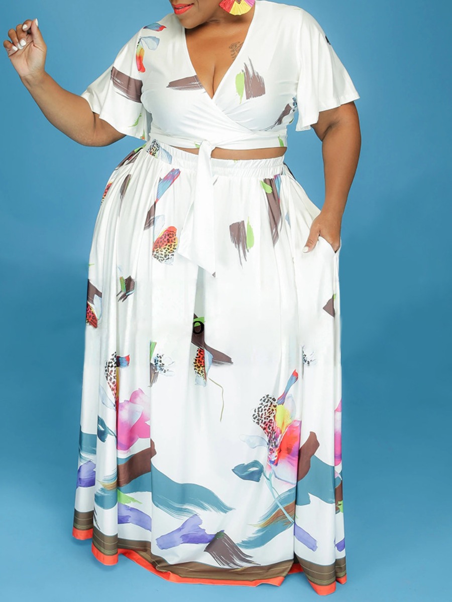 

LW SXY Plus Size Mixed Print Bandage Design Skirt Set, White