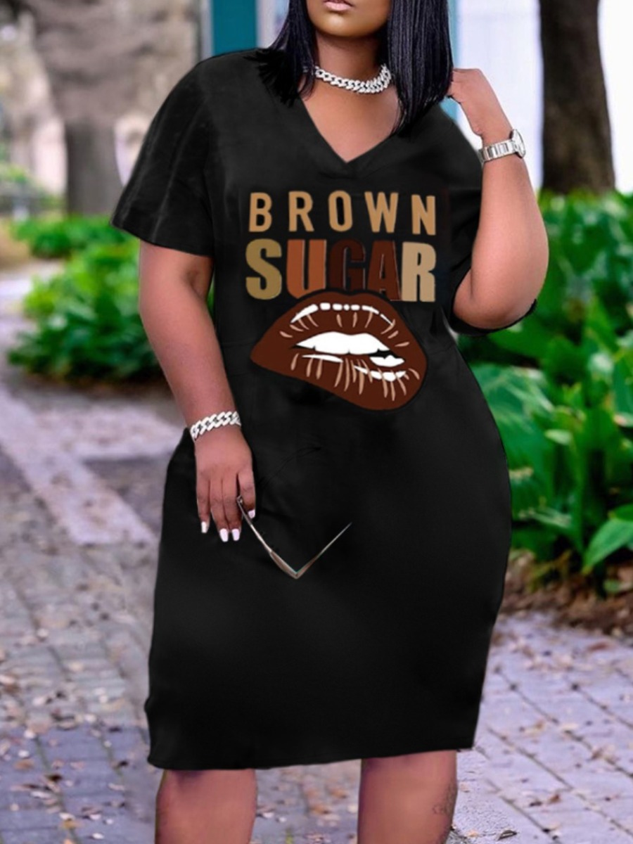 LW Brown Sugar Letter Lip Print Dress