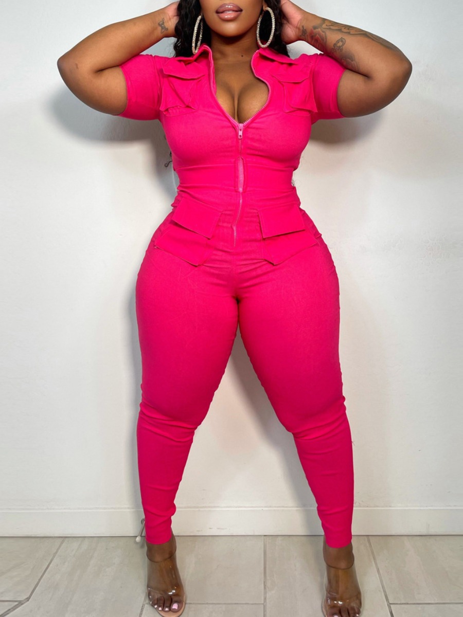 

LW Plus Size Pocket Zipper Design Jumpsuit, Rose red