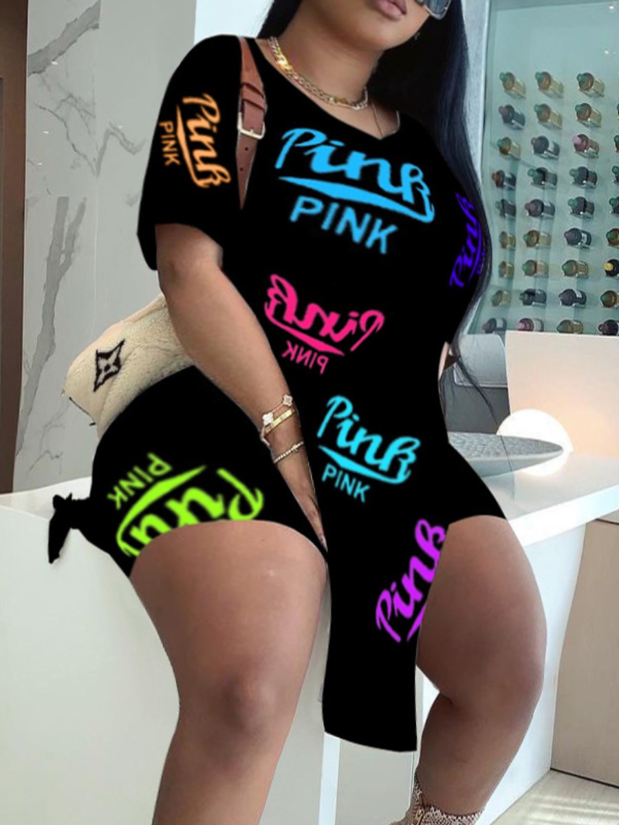LW Plus Size Pink Letter Print Split Shorts Set