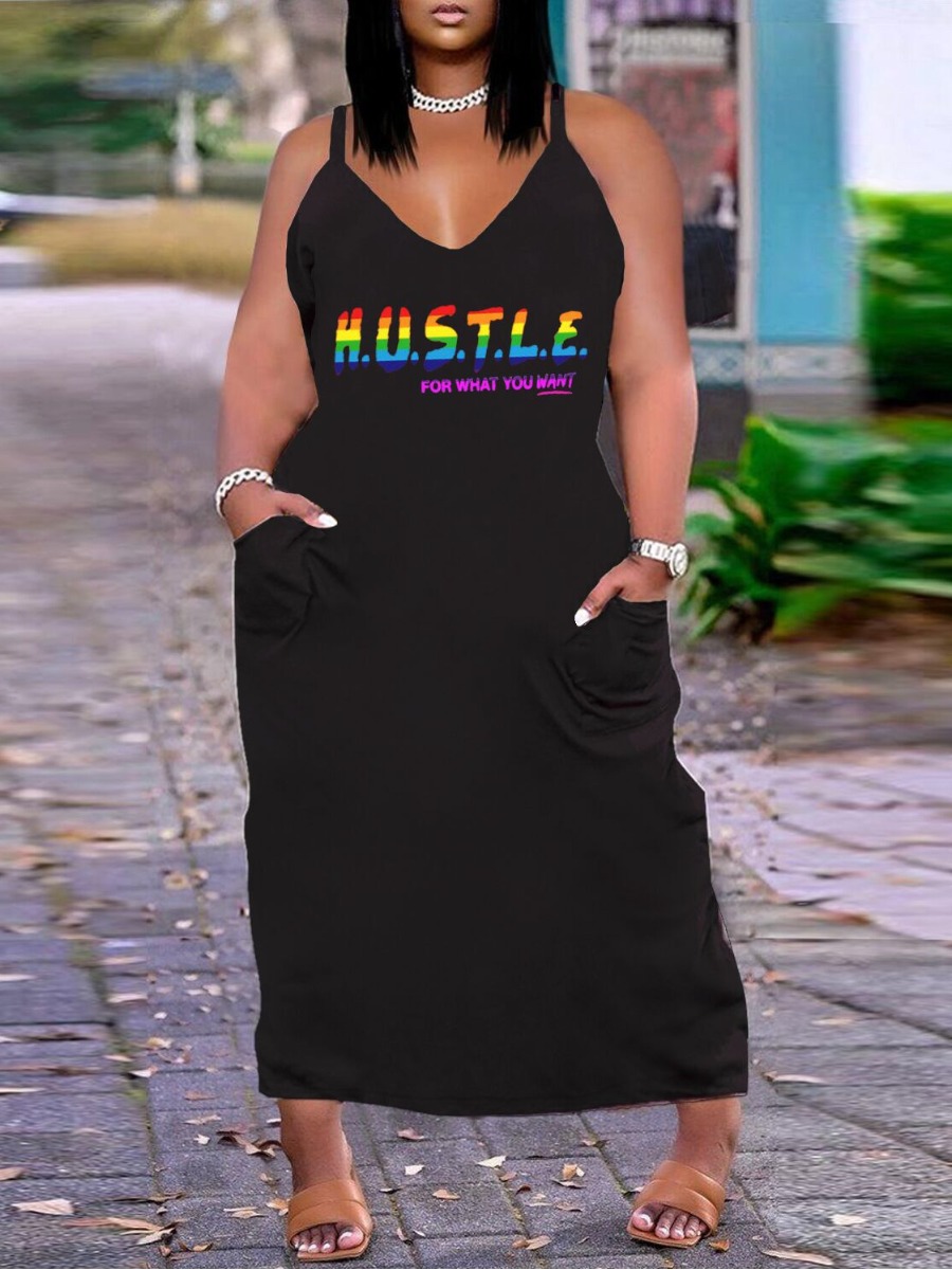 

LW Plus Size Hustle Letter Print Cami Dress, Black