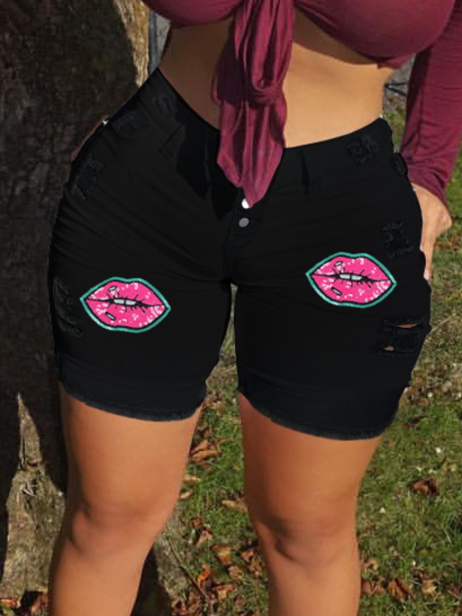 

LW Lip Decor Ripped High Stretchy Denim Shorts, Black