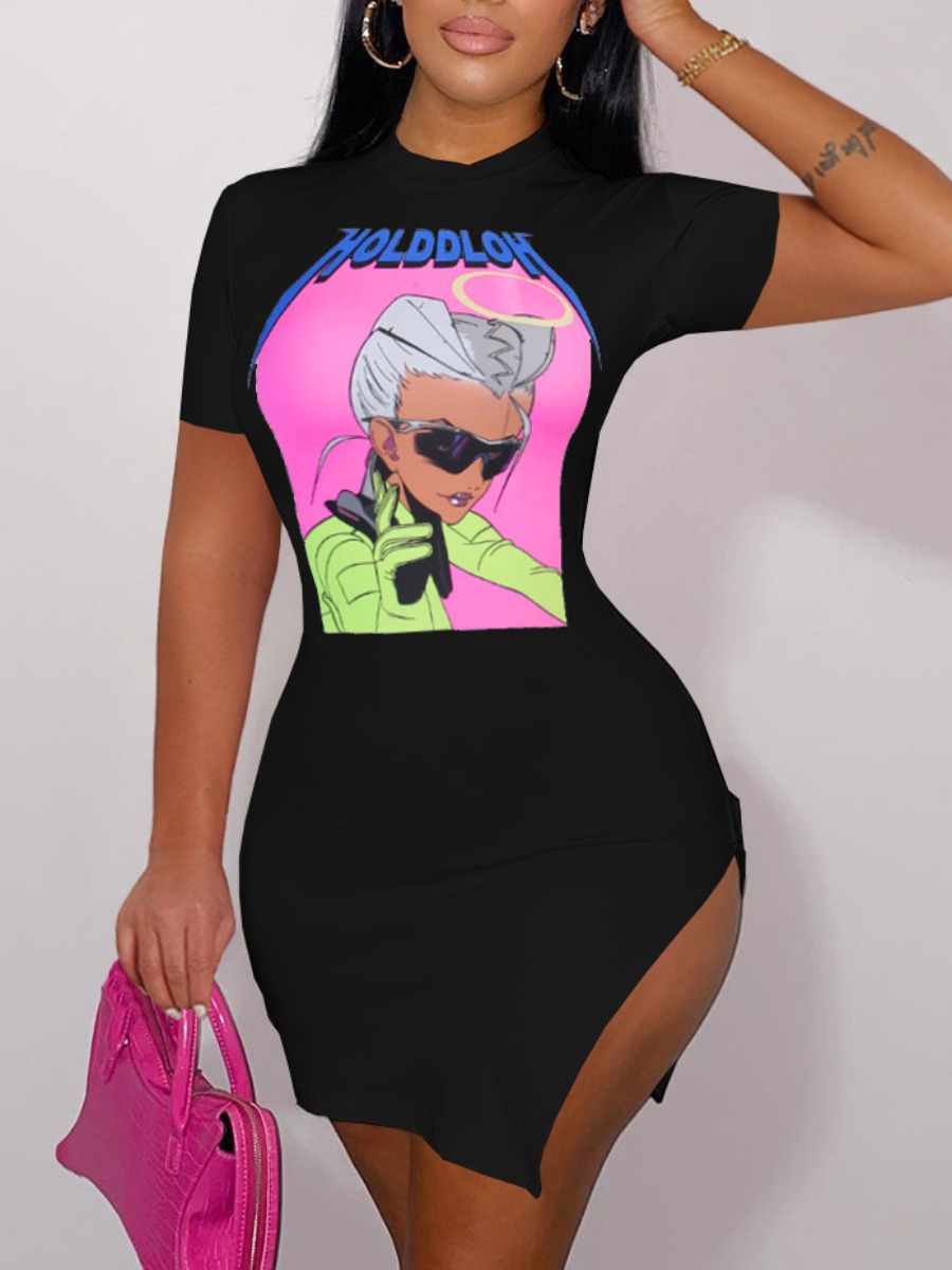 

LW BASICS Cartoon Letter Print Slit Bodycon Dress, Black