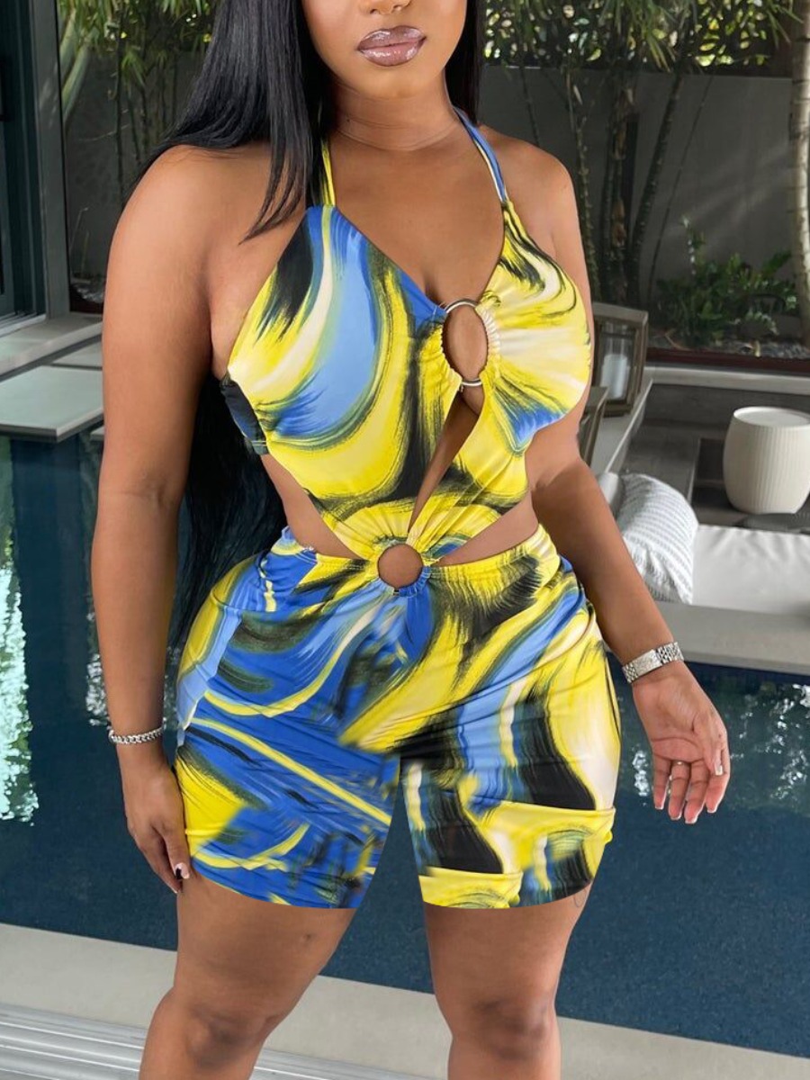 

LW Mixed Print Ring Detail Backless Romper, Yellow